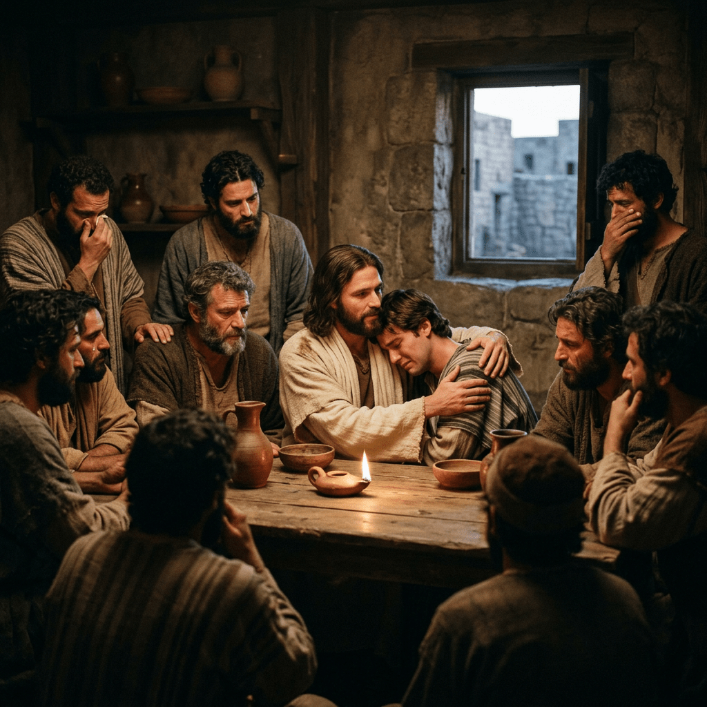 Jesus comforting a crying disciple while others show concern