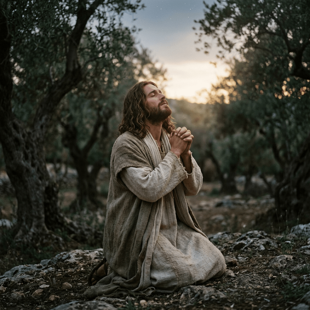 Man kneeling and praying in olive grove at sunset