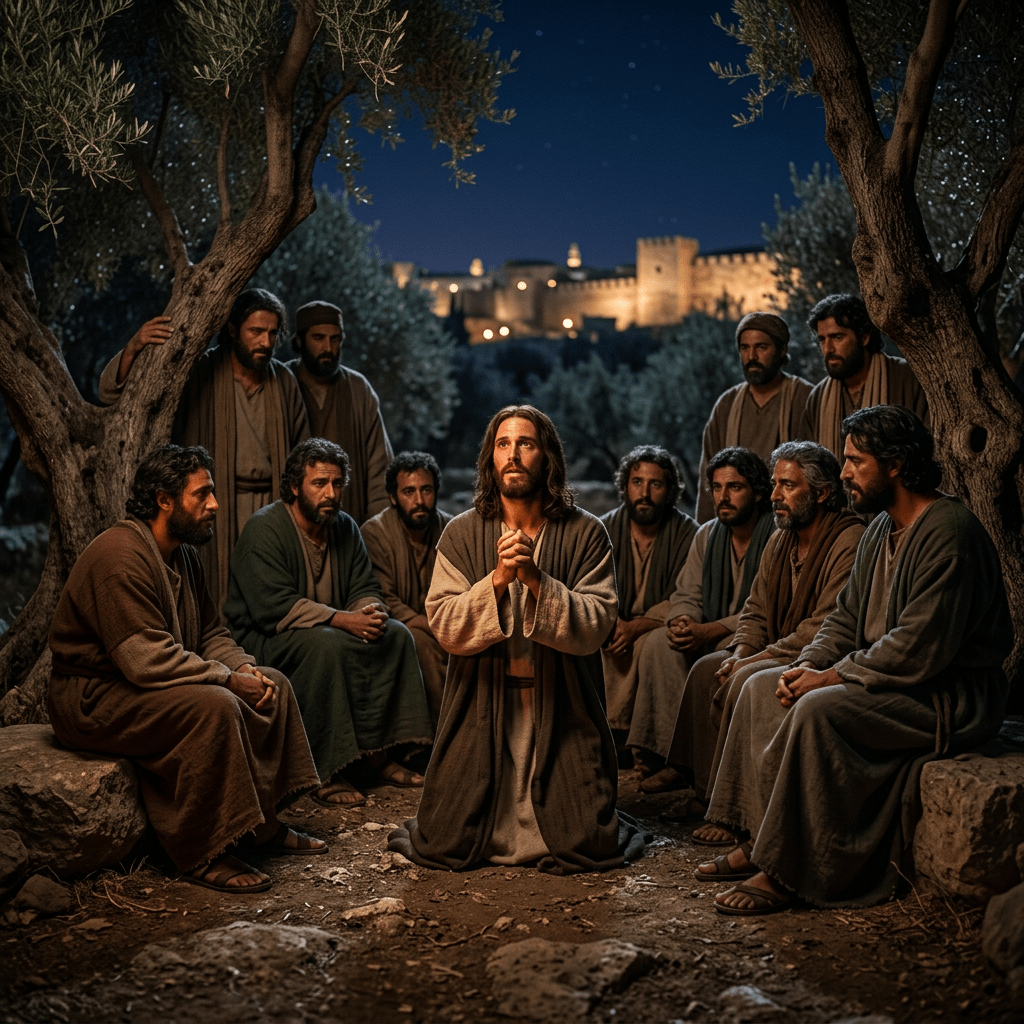 Jesus kneeling and praying with twelve disciples gathered around under olive trees at night
