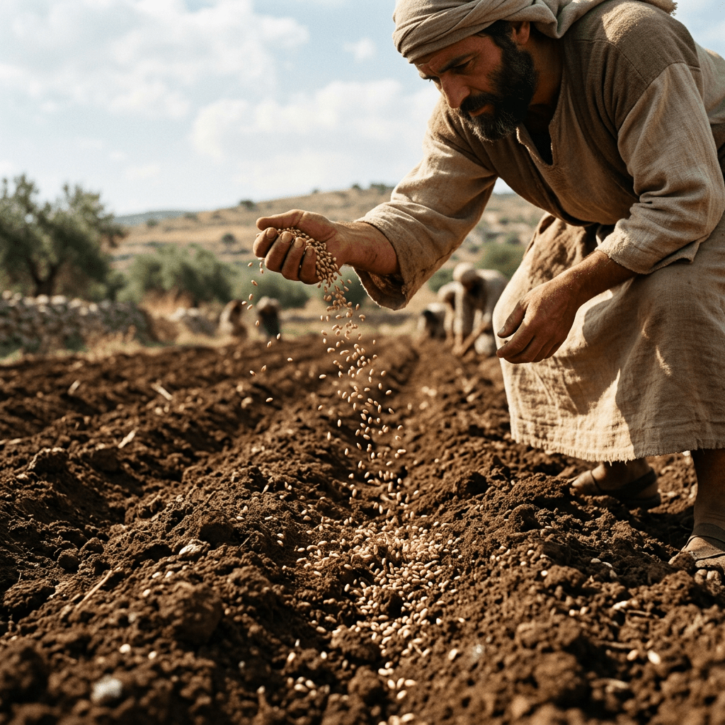 Man in traditional clothing sowing seeds by hand in a plowed field