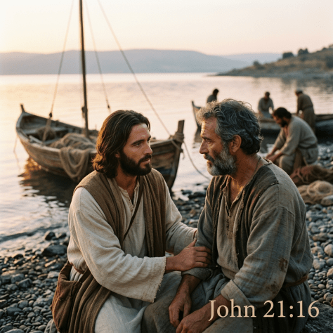 Jesus speaking compassionately to a seated disciple by the water near fishing boats