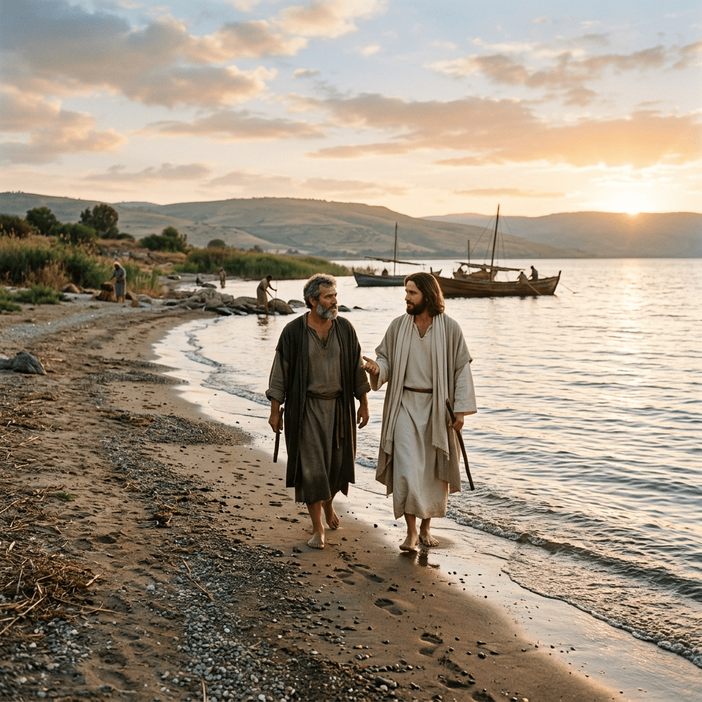 Two men in robes walking barefoot on a lake shore with fishing boats and hills in the background at sunset