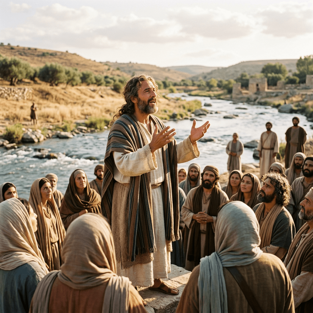 Man in ancient robes speaking to a crowd near a river