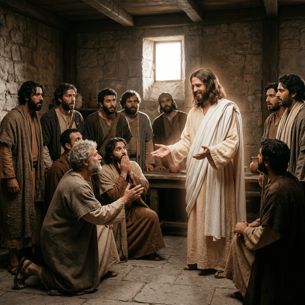 Jesus in white robes talking to a group of attentive disciples in a stone room