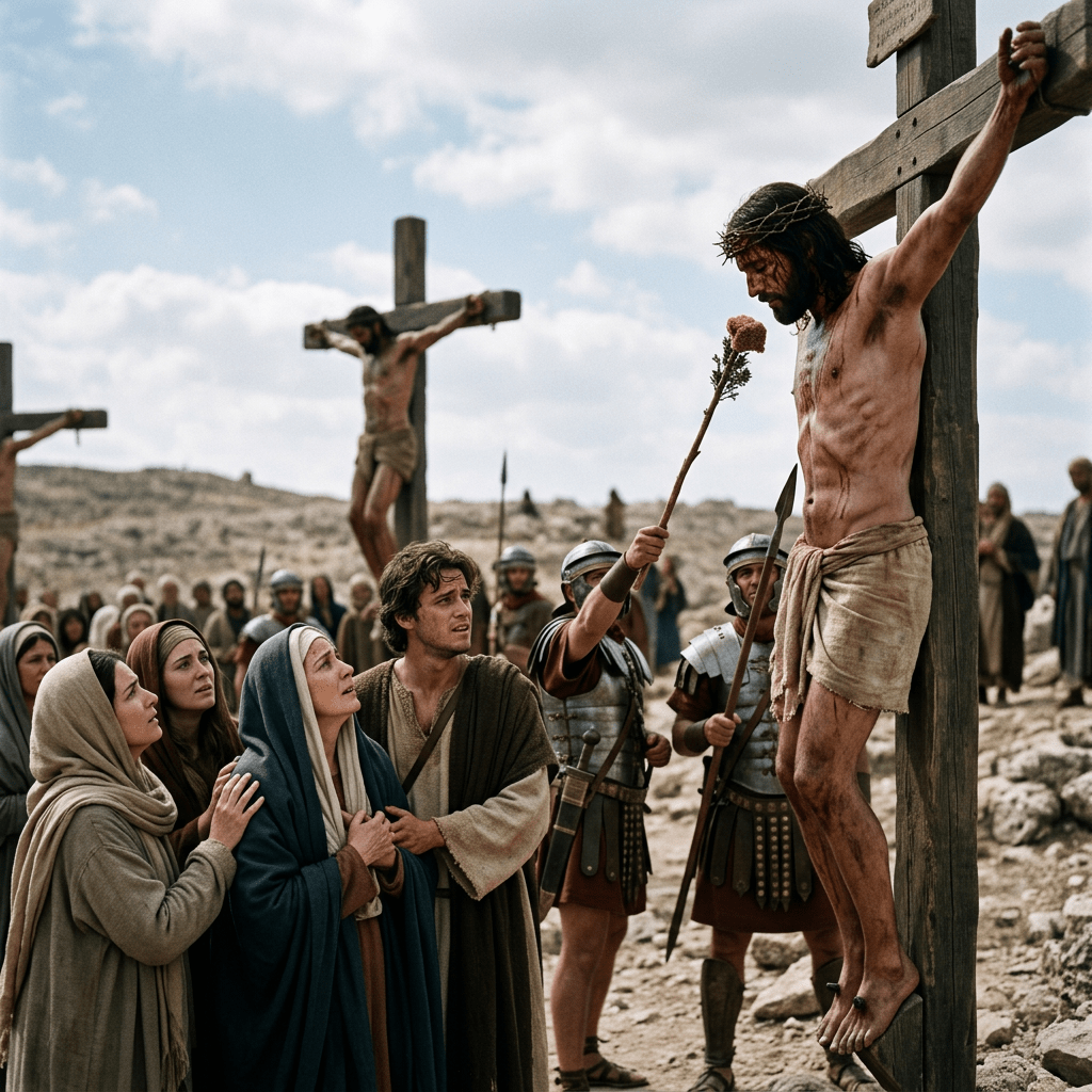 Man crucified on cross with mourners and Roman soldiers around