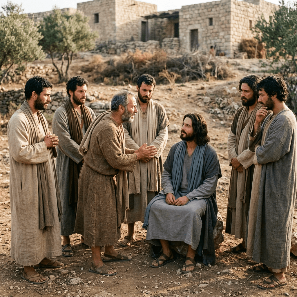 Jesus seated in robes speaking with seven standing disciples in ancient village outdoors