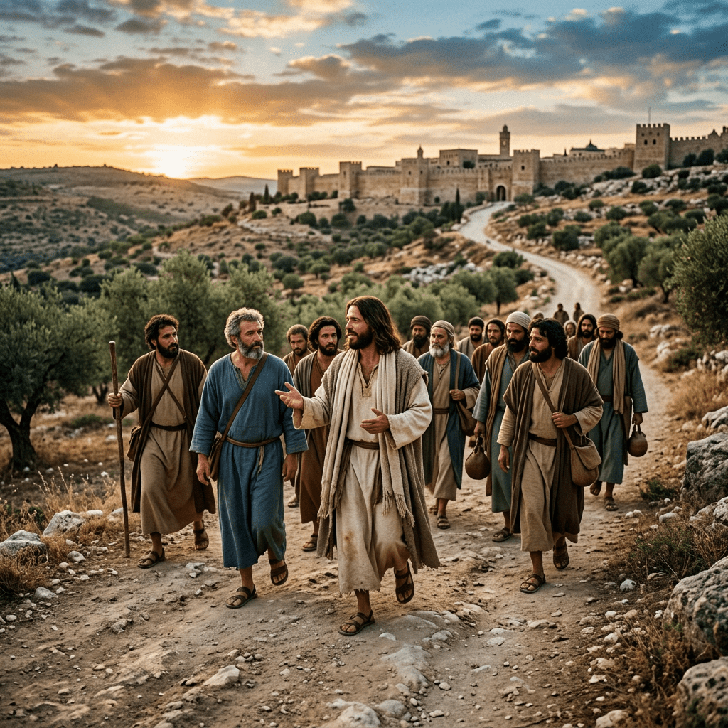 Group of men in ancient robes walking on a dusty path with an old walled city in the background