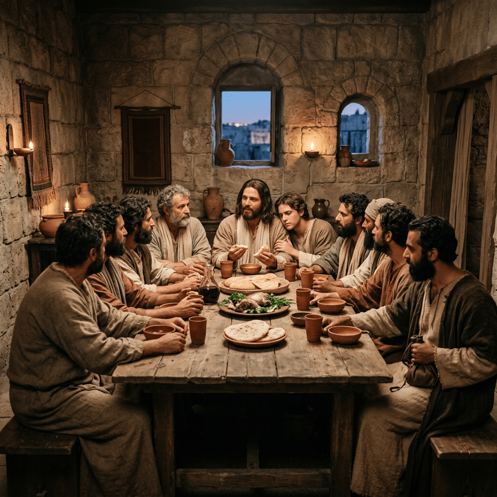 Jesus and disciples sharing bread and wine at a wooden table inside a stone room