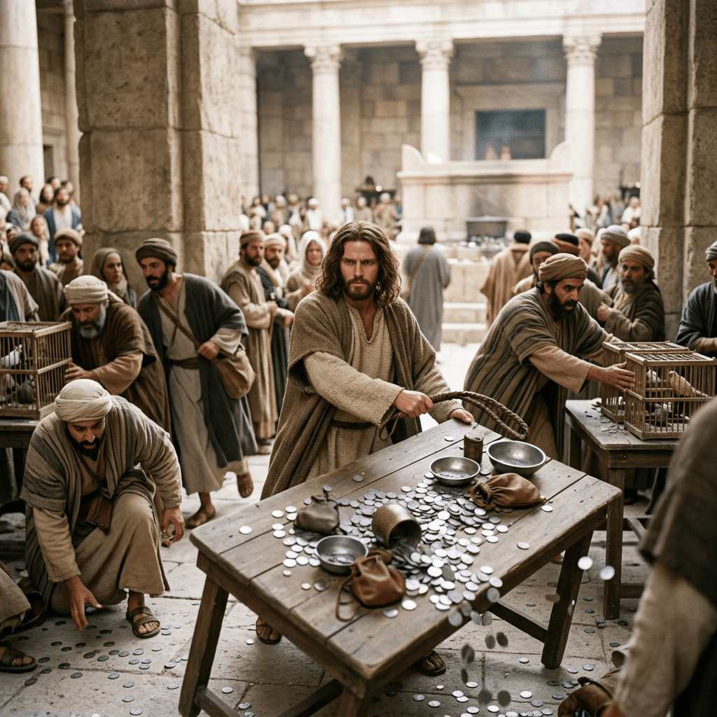 Man overturning table with coins in a temple courtyard surrounded by people.