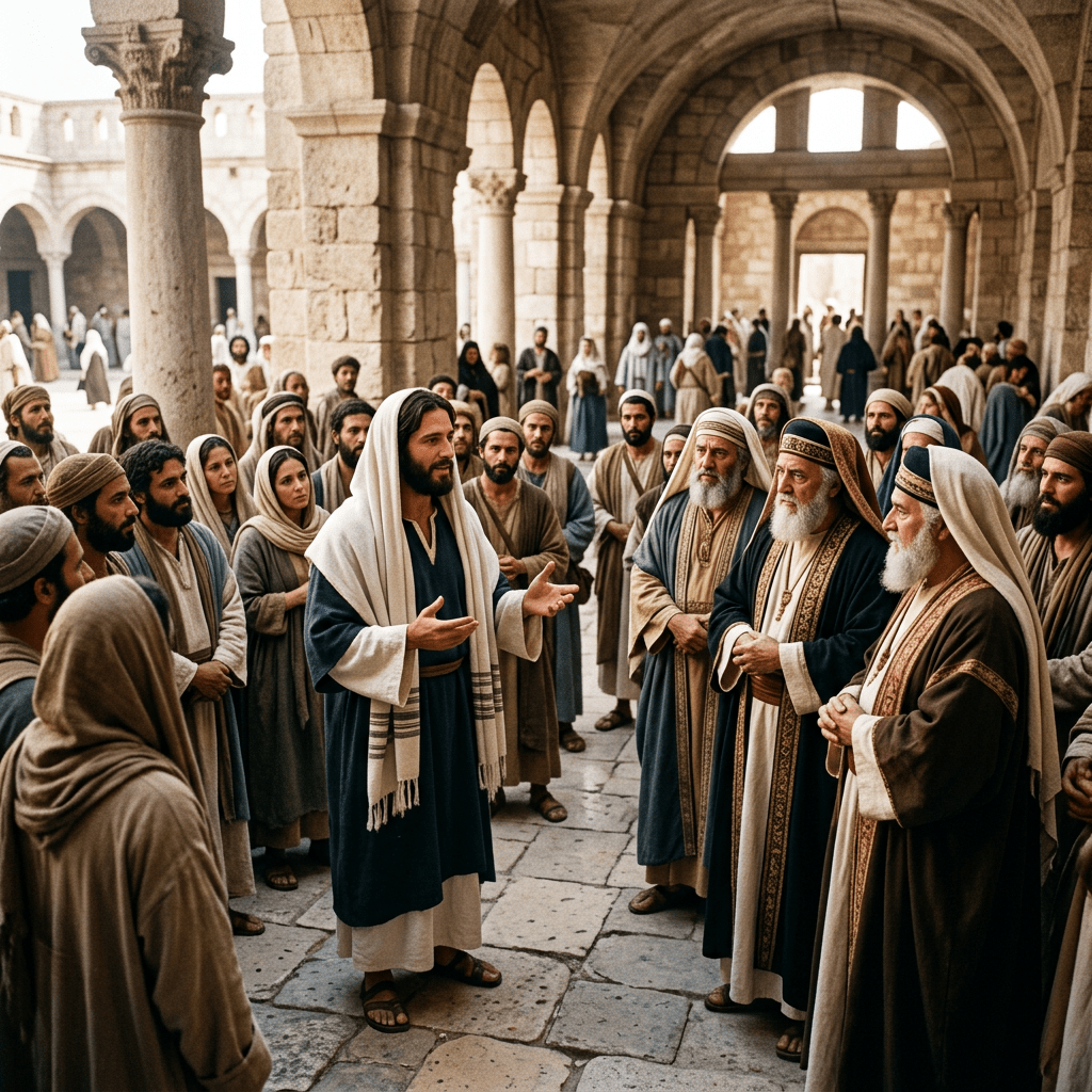 A man in blue and white robes addressing a group of people dressed in traditional ancient garments in a stone courtyard.