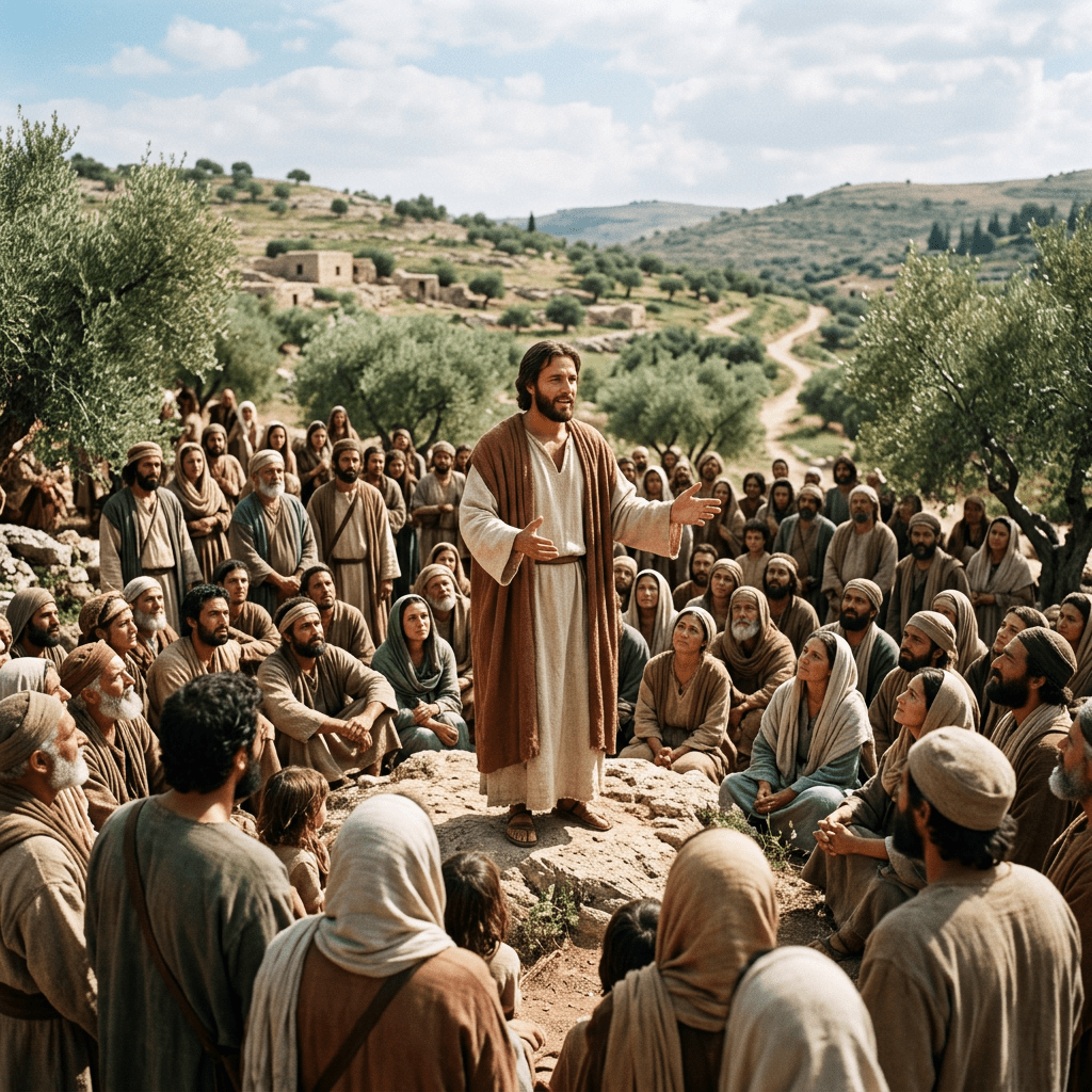 Jesus standing on a rock preaching to a crowd sitting and standing around him in an olive grove