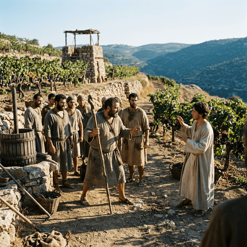 Group of men in ancient clothing arguing in a vineyard with grapevines and stone structures