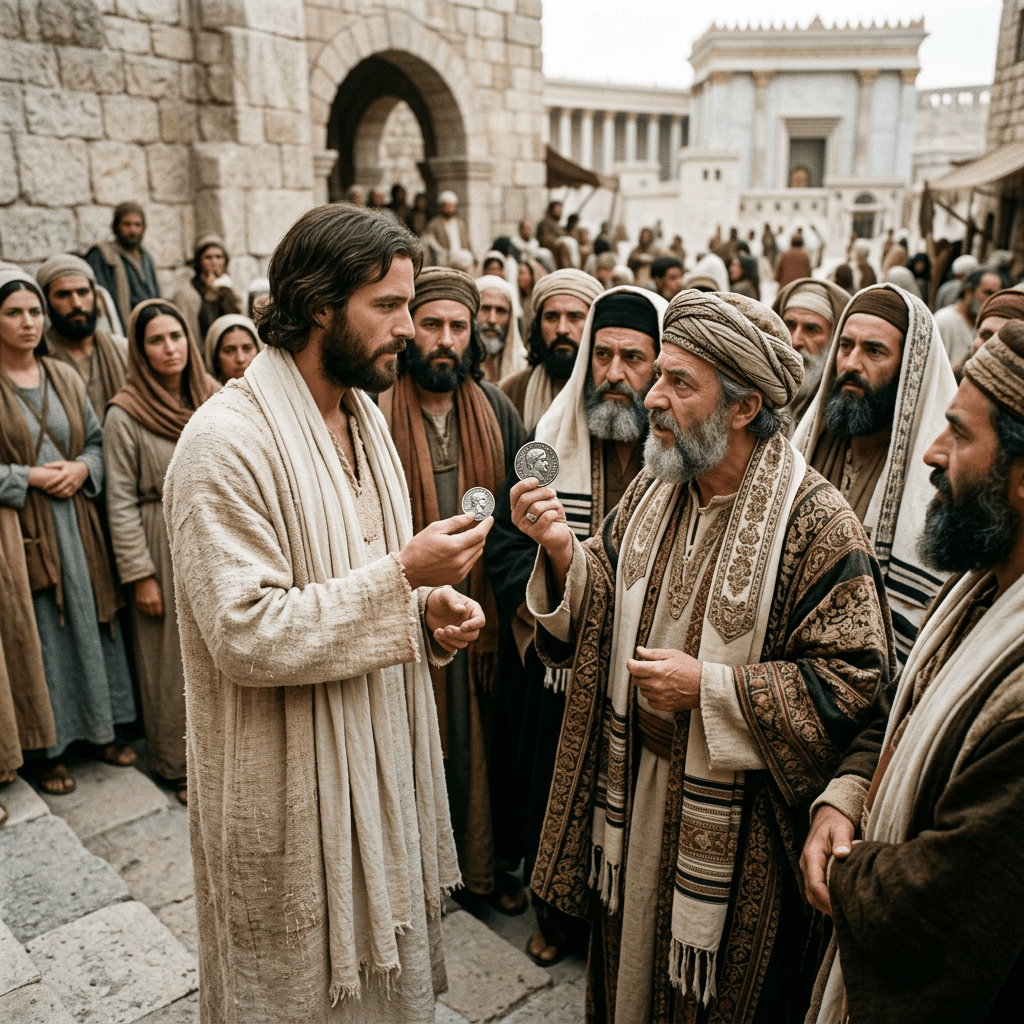 Two men holding silver coins surrounded by a crowd dressed in ancient Middle Eastern attire