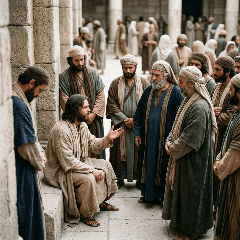 A man in robes sitting and speaking to a group of men wearing ancient Middle Eastern clothing