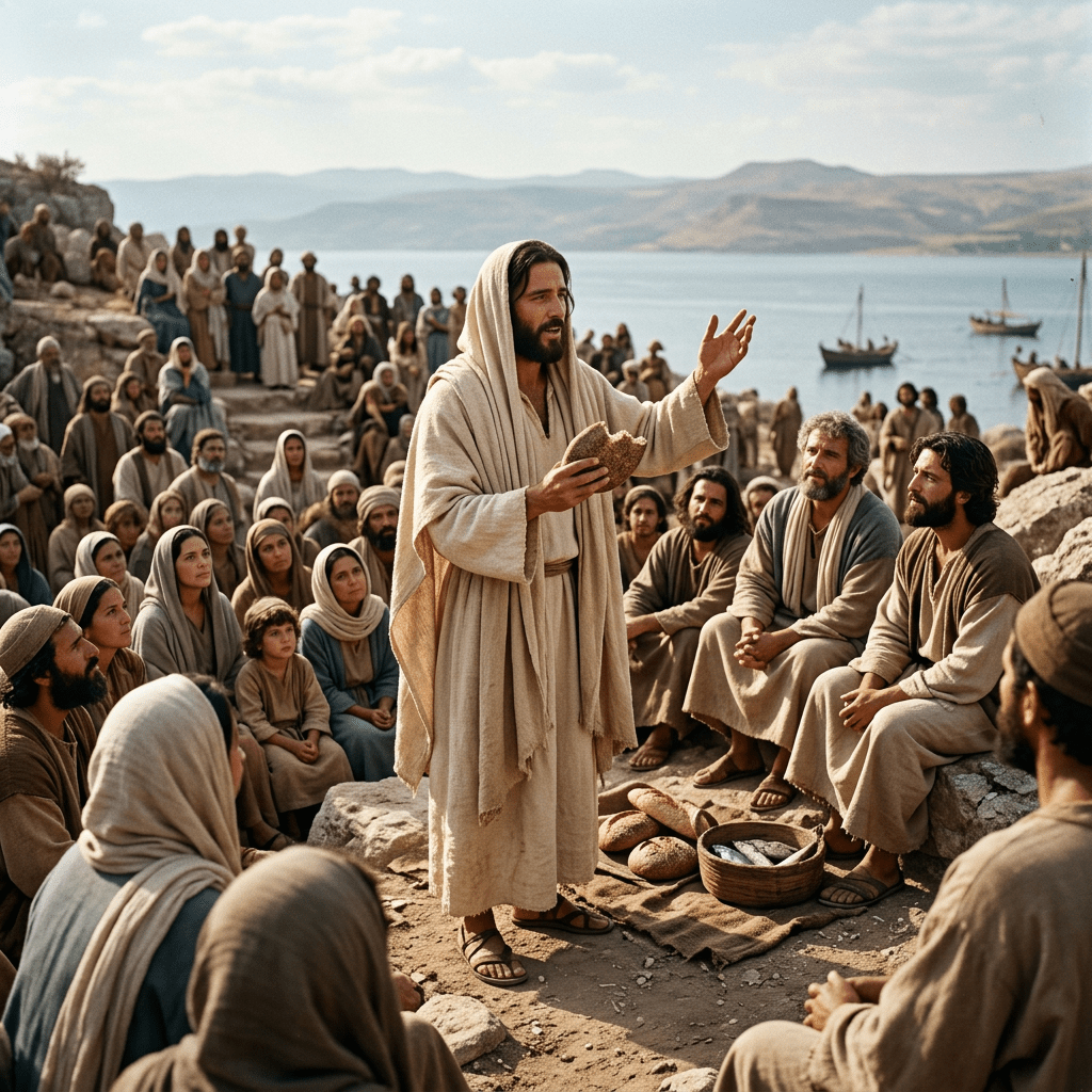 A man in traditional robes speaking to a seated crowd holding a piece of bread near the sea with boats in the background
