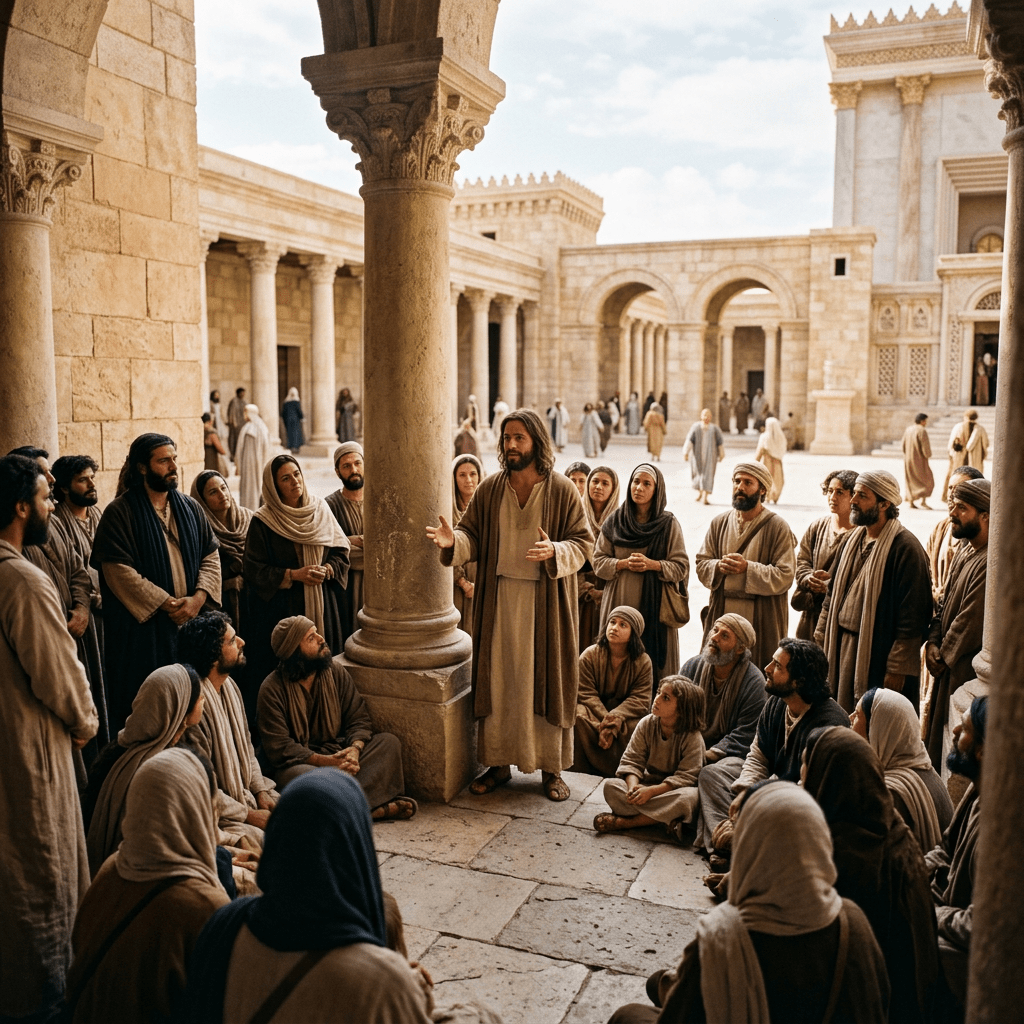Man speaking to a gathered group in ancient stone courtyard