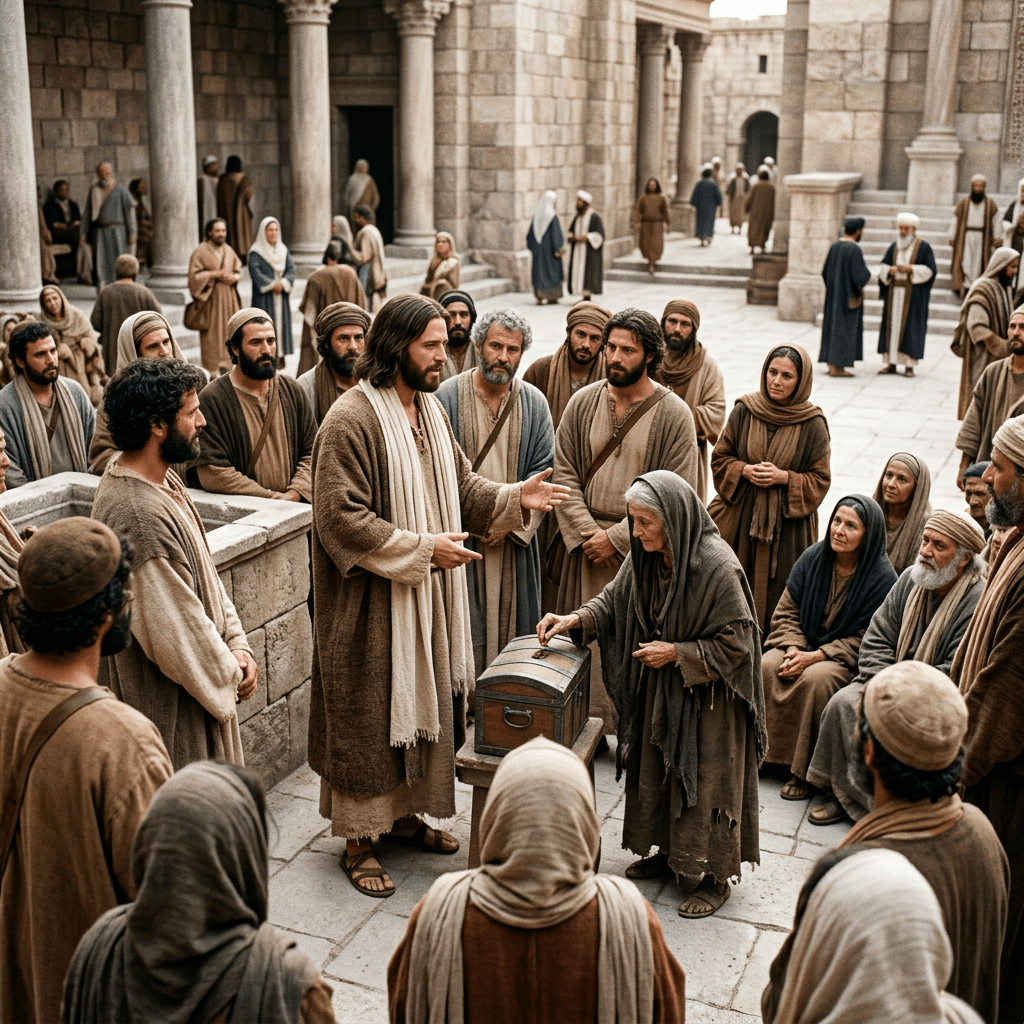 Jesus teaching a crowd with an elder woman beside a chest