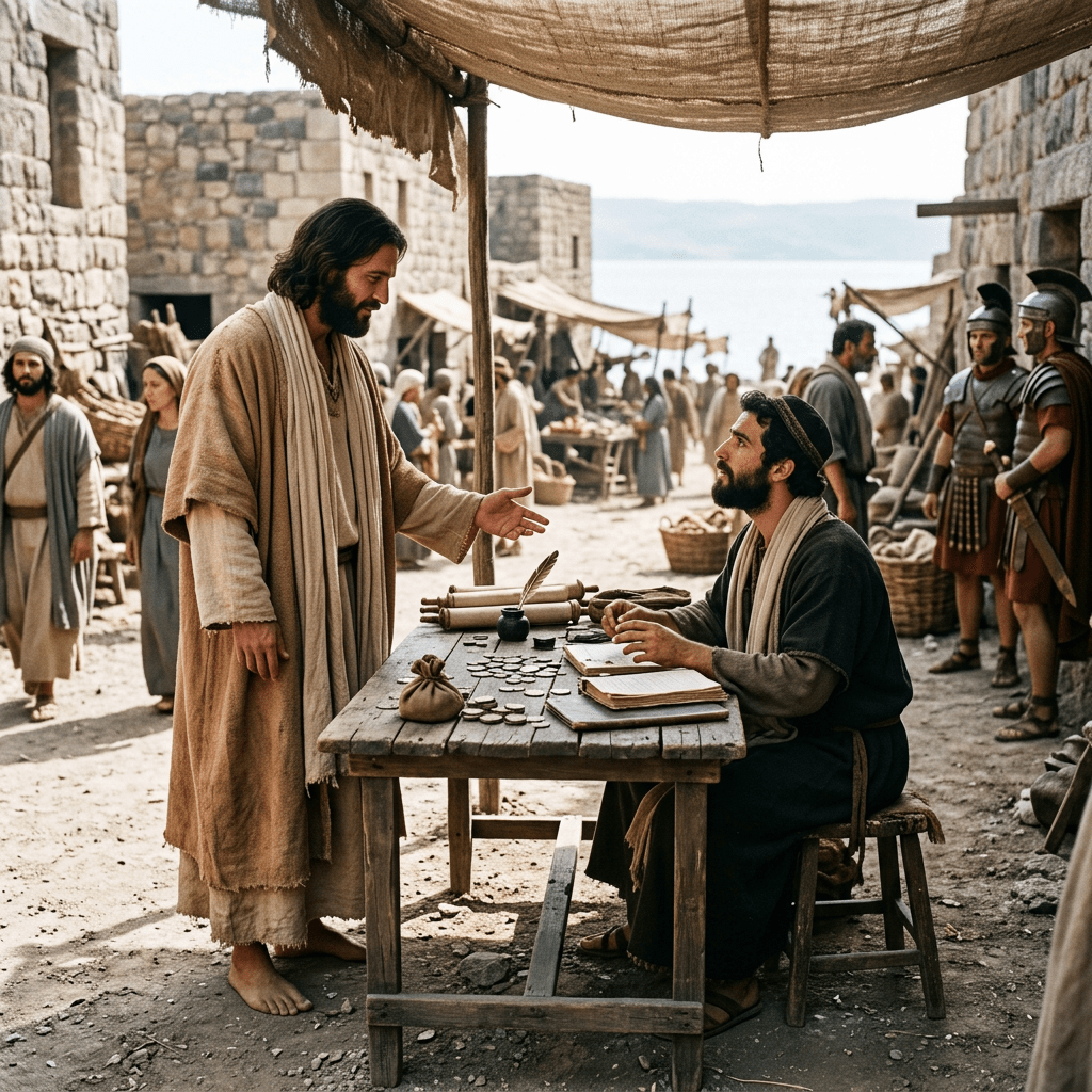 Man speaking to scribe at wooden table in ancient marketplace