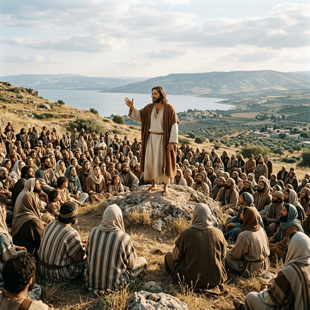 A man in biblical clothing speaking to a seated crowd on a hillside beside a lake