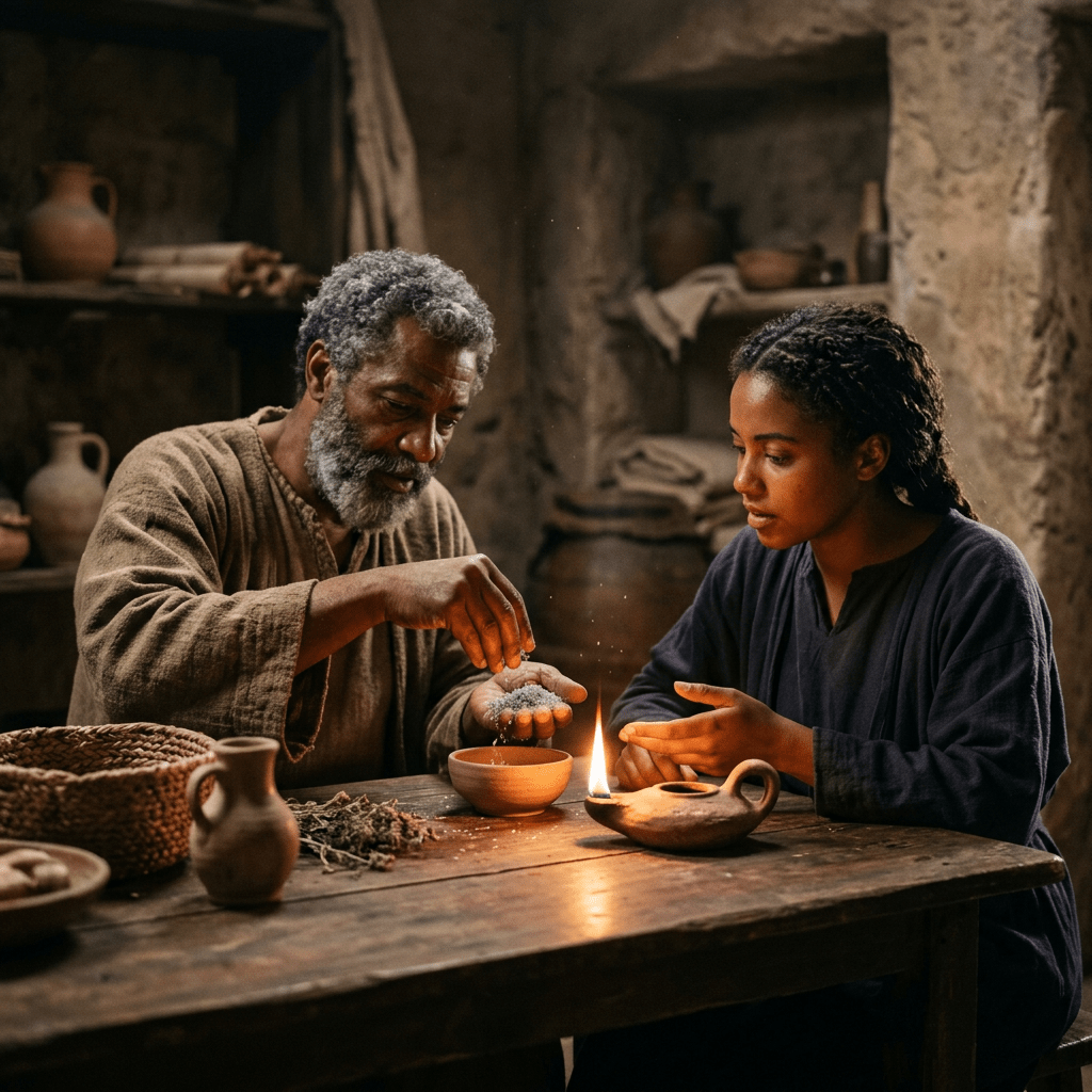 Elderly man sprinkling herbs into a bowl as a younger woman watches by candlelight