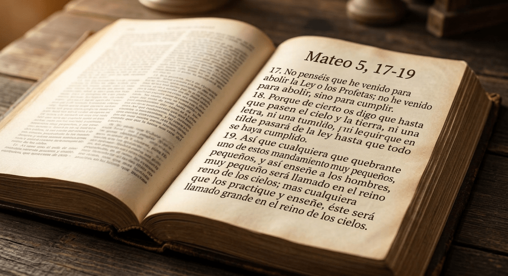 Biblical text from Mateo 5, verses 17 to 19 in Spanish on an open book.