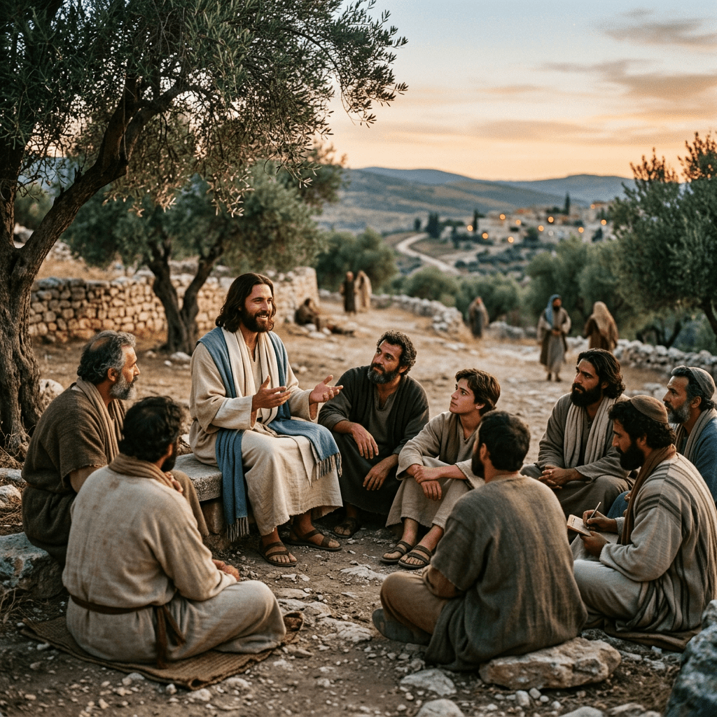Jesus speaking to a group of disciples seated under olive trees outdoors at sunset