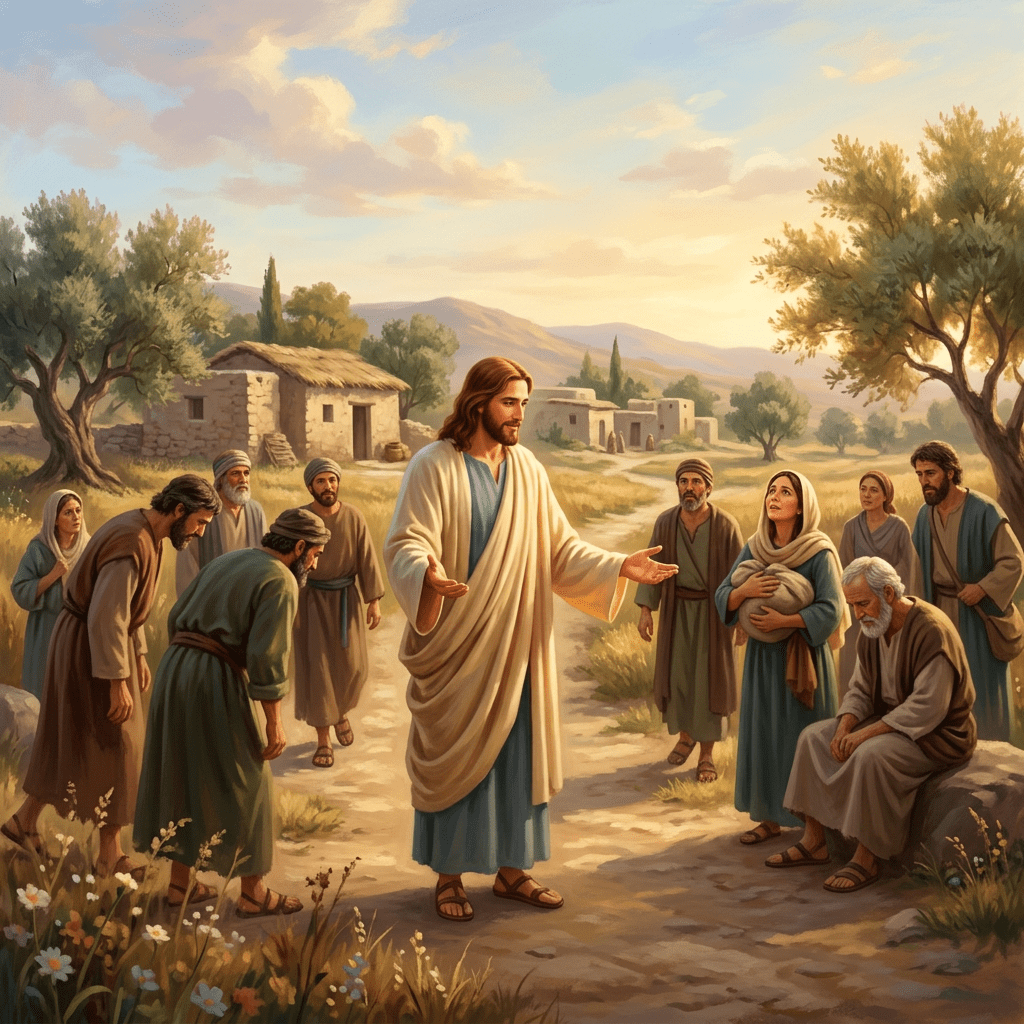 Jesus gesturing while teaching a group of followers in an ancient village