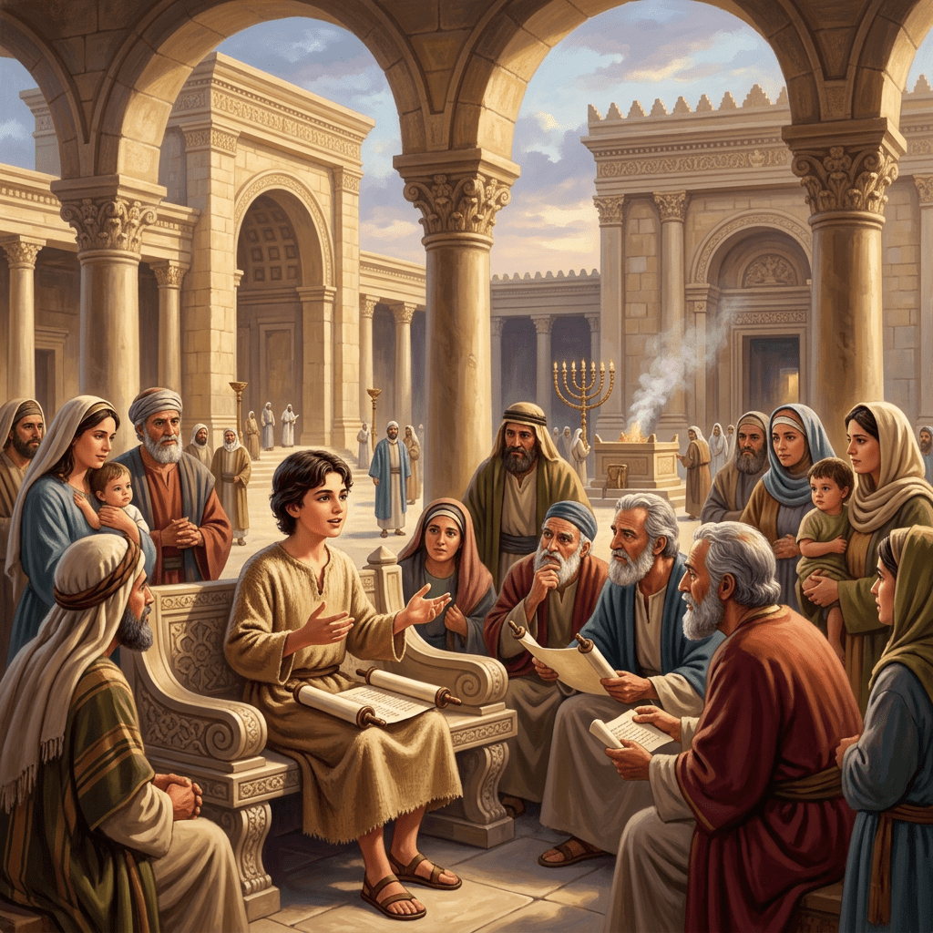Young Jesus speaking with elders and scholars in a temple courtyard
