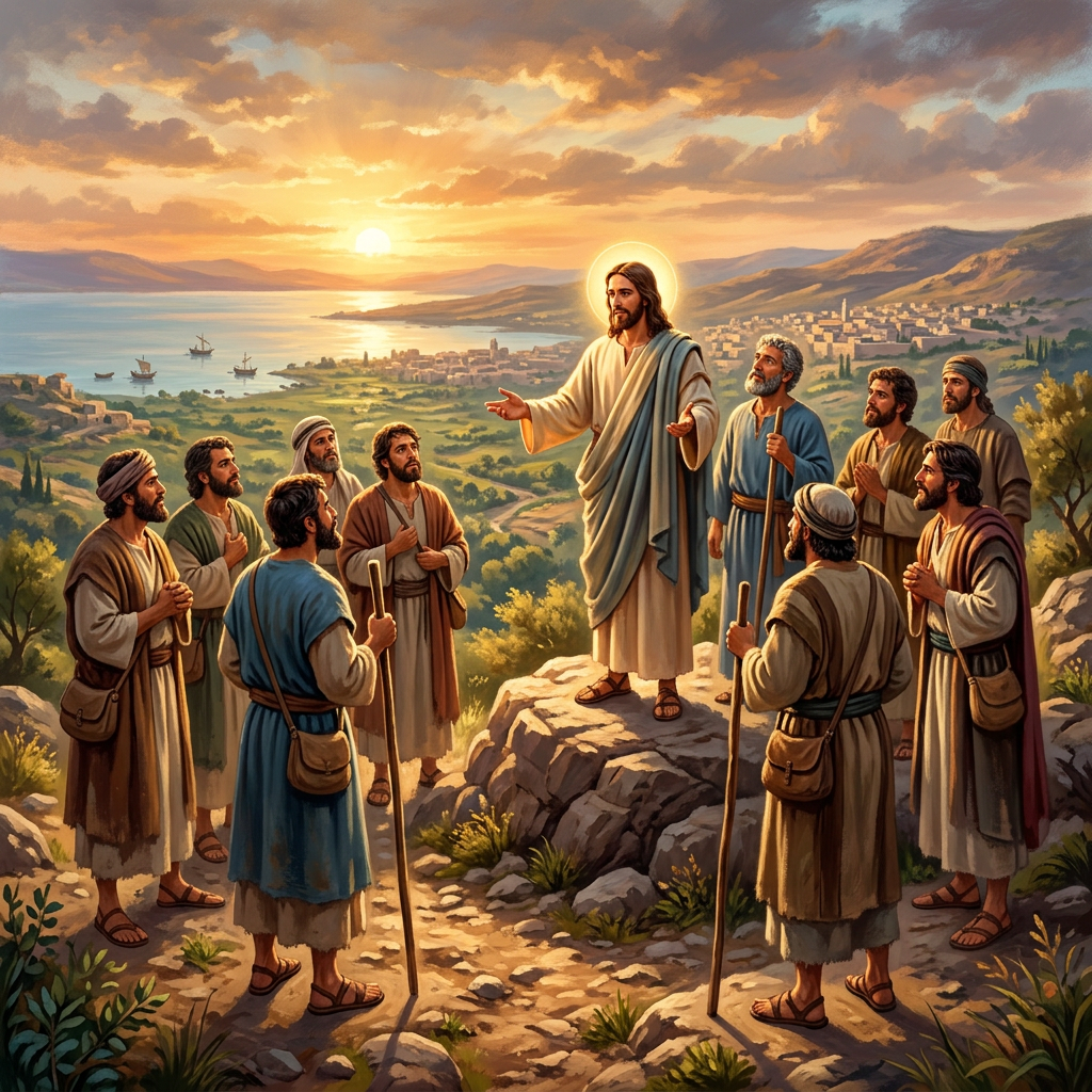 Jesus with a glowing halo teaching twelve disciples on a rocky hill with a sunrise and village in the background