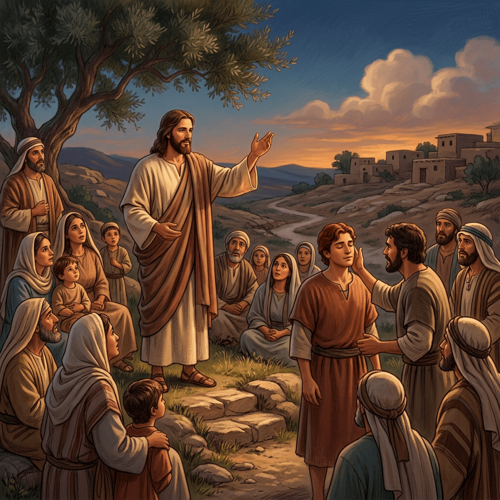 Jesus teaching a group of people outdoors as a man touches a young boy's face