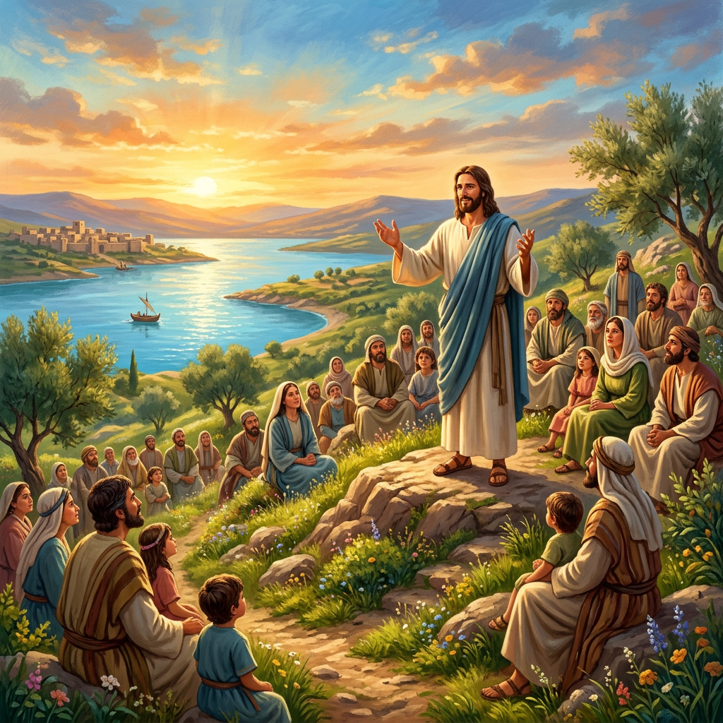 Jesus teaching a group of people by a lake during sunset