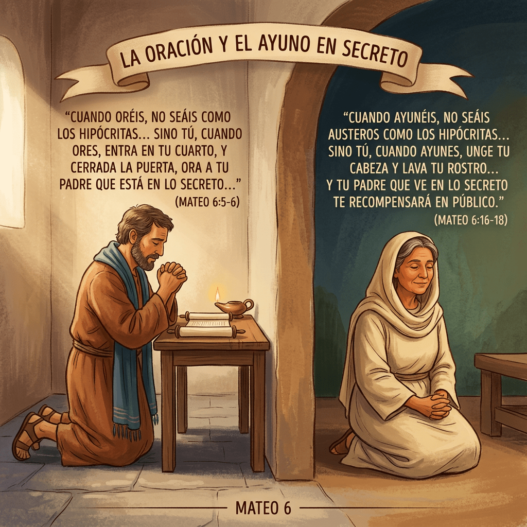 Man praying in secret with scripture about prayer, woman fasting in secret with scripture about fasting