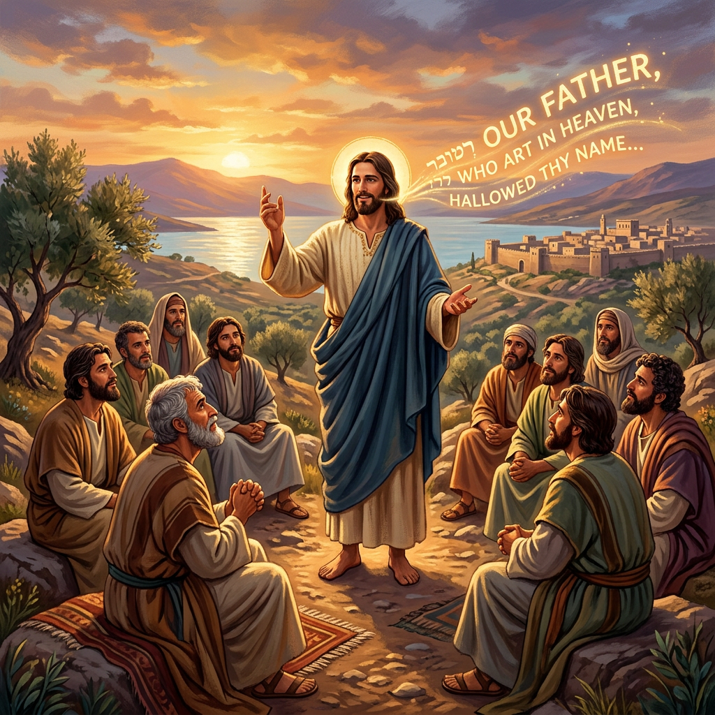 Jesus speaking to disciples with words of the Lord's Prayer in light
