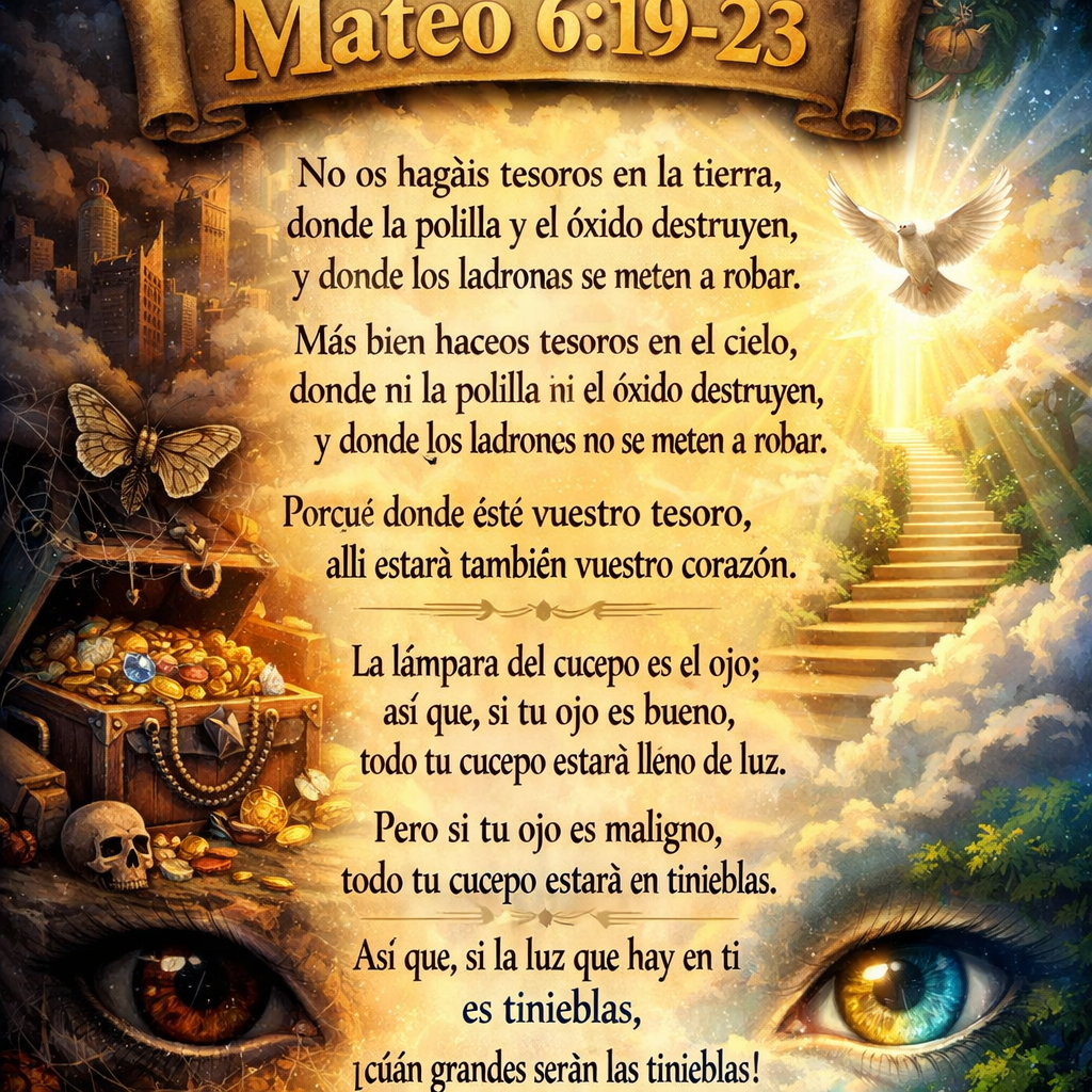 Spanish text of Mateo 6:19-23 about treasures and light with symbolic imagery