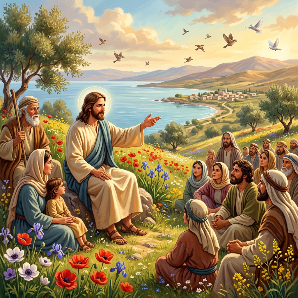 Jesus sitting on a rock teaching a group of people near the sea with flowers and birds around