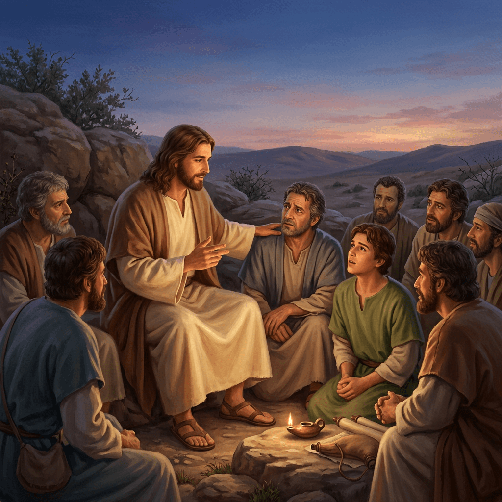 Jesus sitting among disciples teaching at sunset with lamp and scrolls