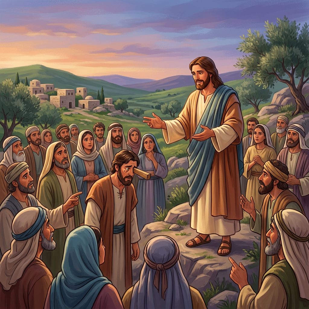 Jesus comforting a man with a wooden plank on his face while a group listens