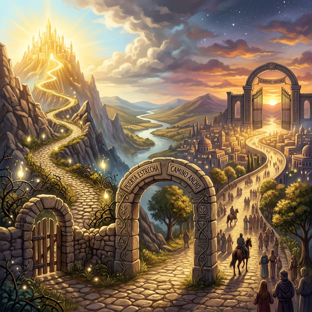 Stone archway dividing two paths labeled 'Puerta Estrecha' and 'Camino Ancho' with people traveling each route.