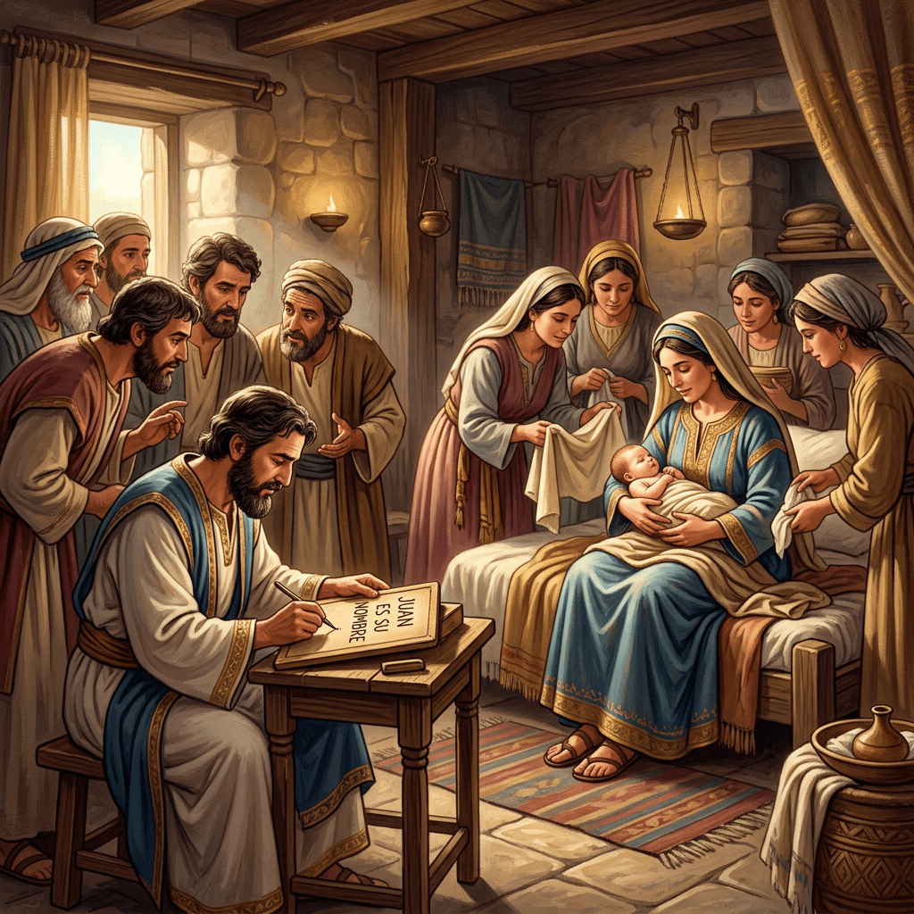 Man writing in a book while family gathers around mother holding baby