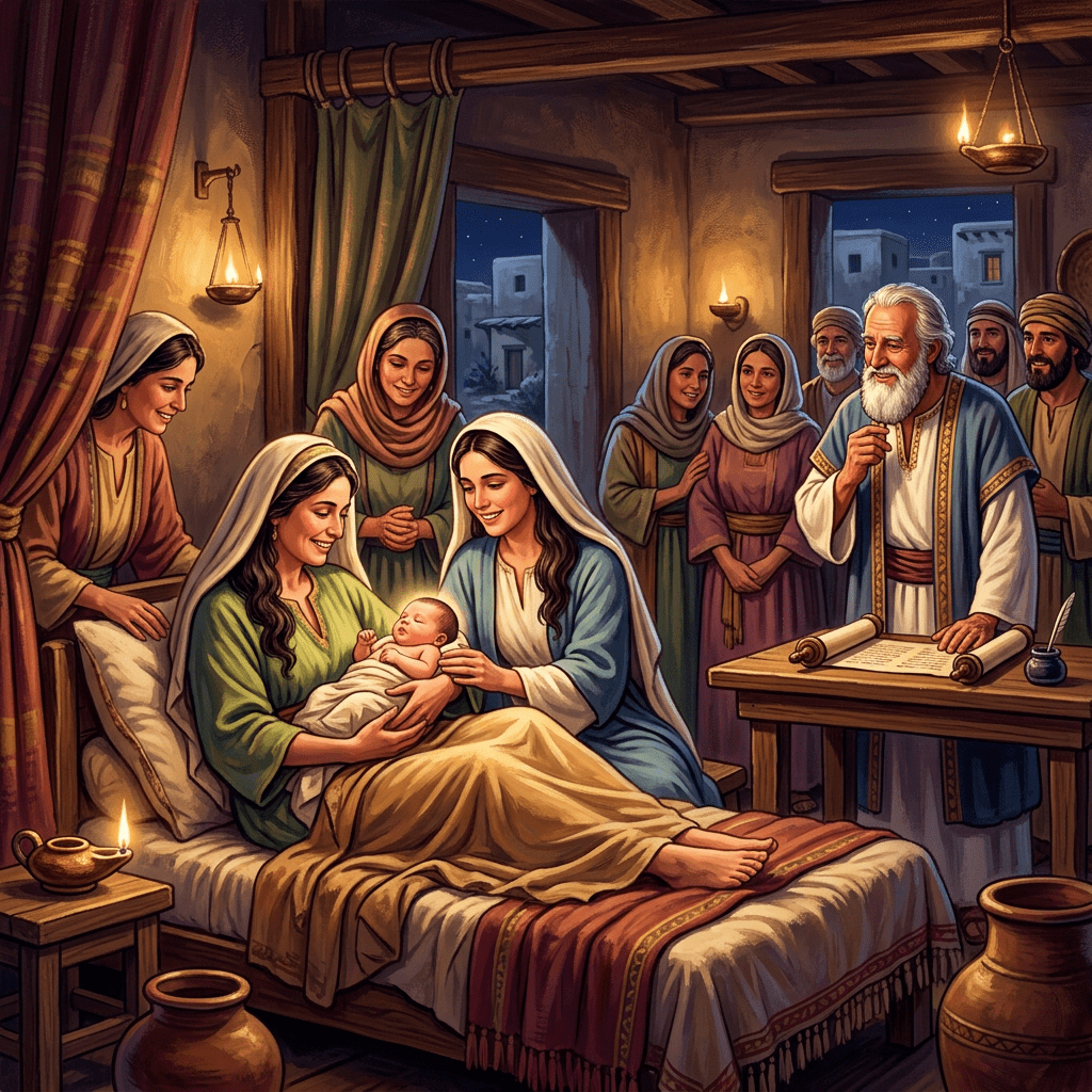 Newborn baby held by women surrounded by smiling family and friends in a warmly lit room