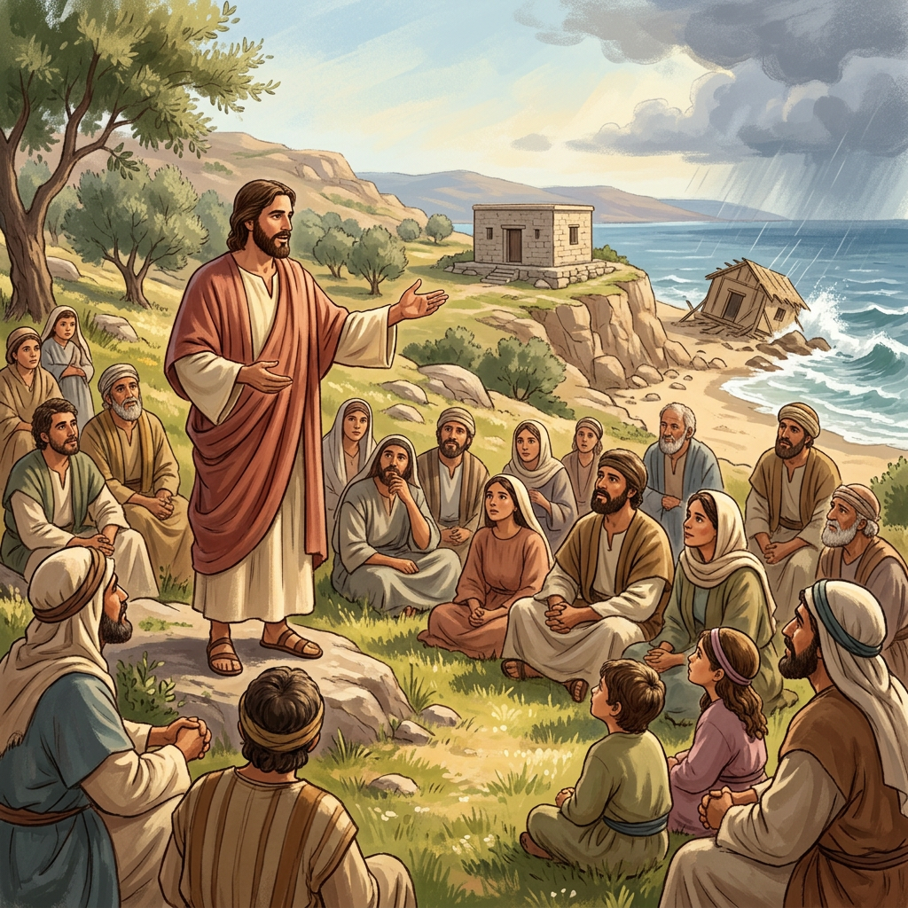 Jesus teaching a group of people near a coastline with two houses, one sturdy and one collapsing in a storm
