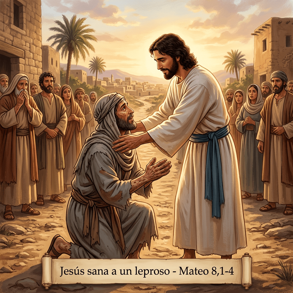 Jesus healing a kneeling leper with people observing in ancient village