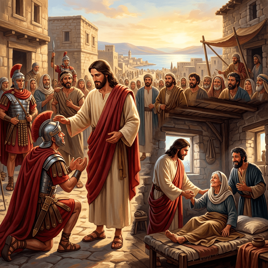 Jesus healing a Roman soldier and blessing a seated woman with a crowd watching in an ancient town