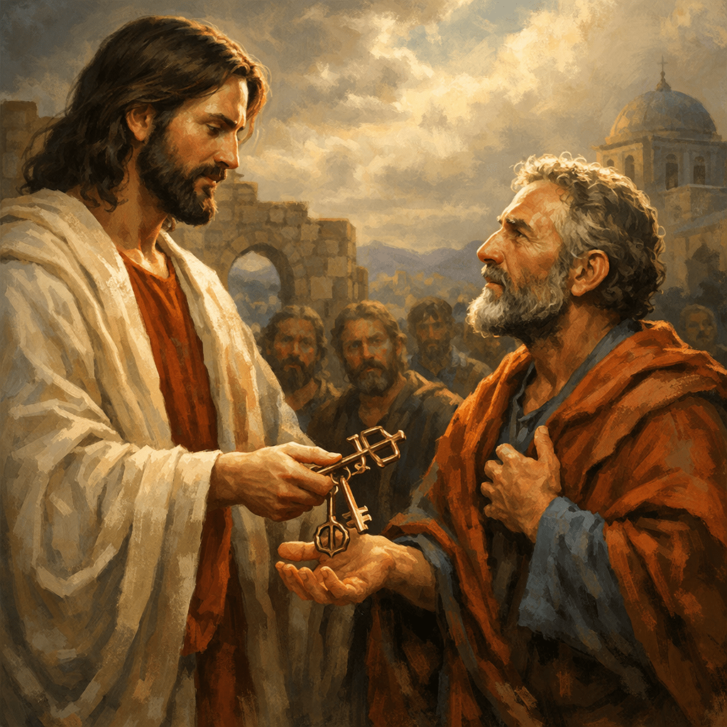 Two biblical men exchanging golden keys with an ancient town background