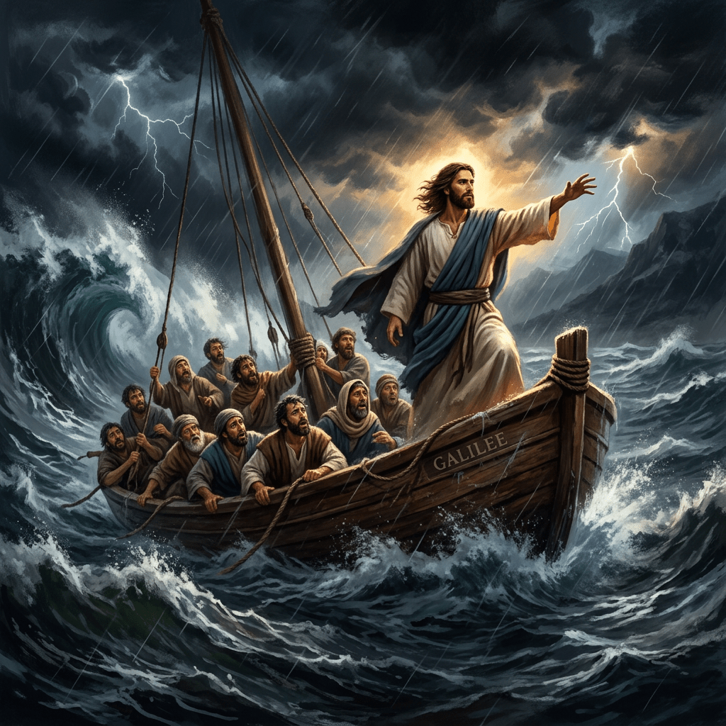 Jesus standing on a boat named Galilee with disciples in a stormy sea with lightning