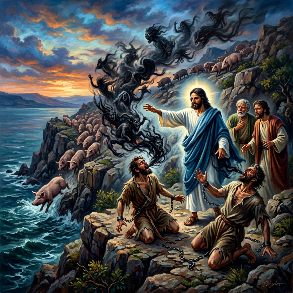 Jesus casting out demons from two chained men while pigs run off cliff into sea