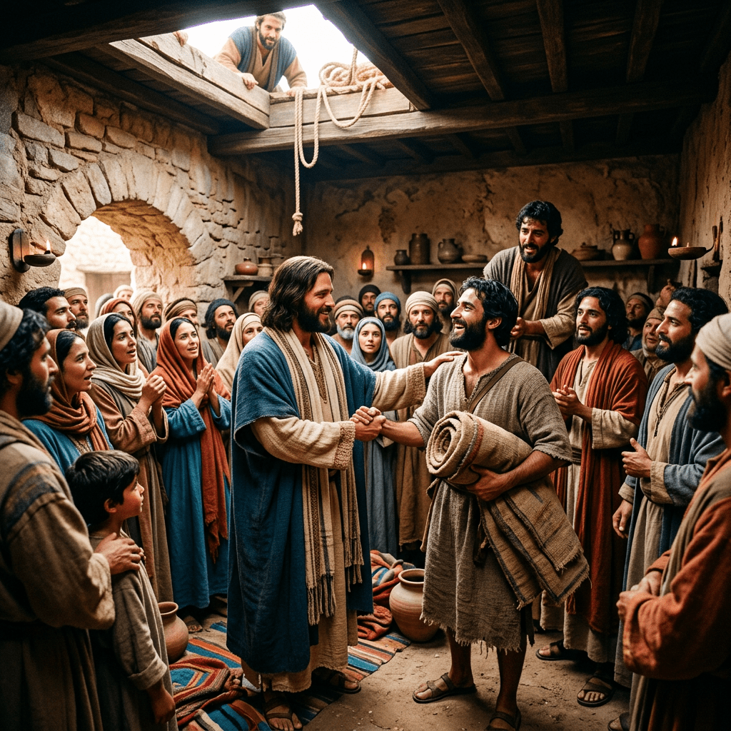 A man in blue robes shaking hands and comforting a man holding a folded blanket surrounded by smiling people in ancient stone room
