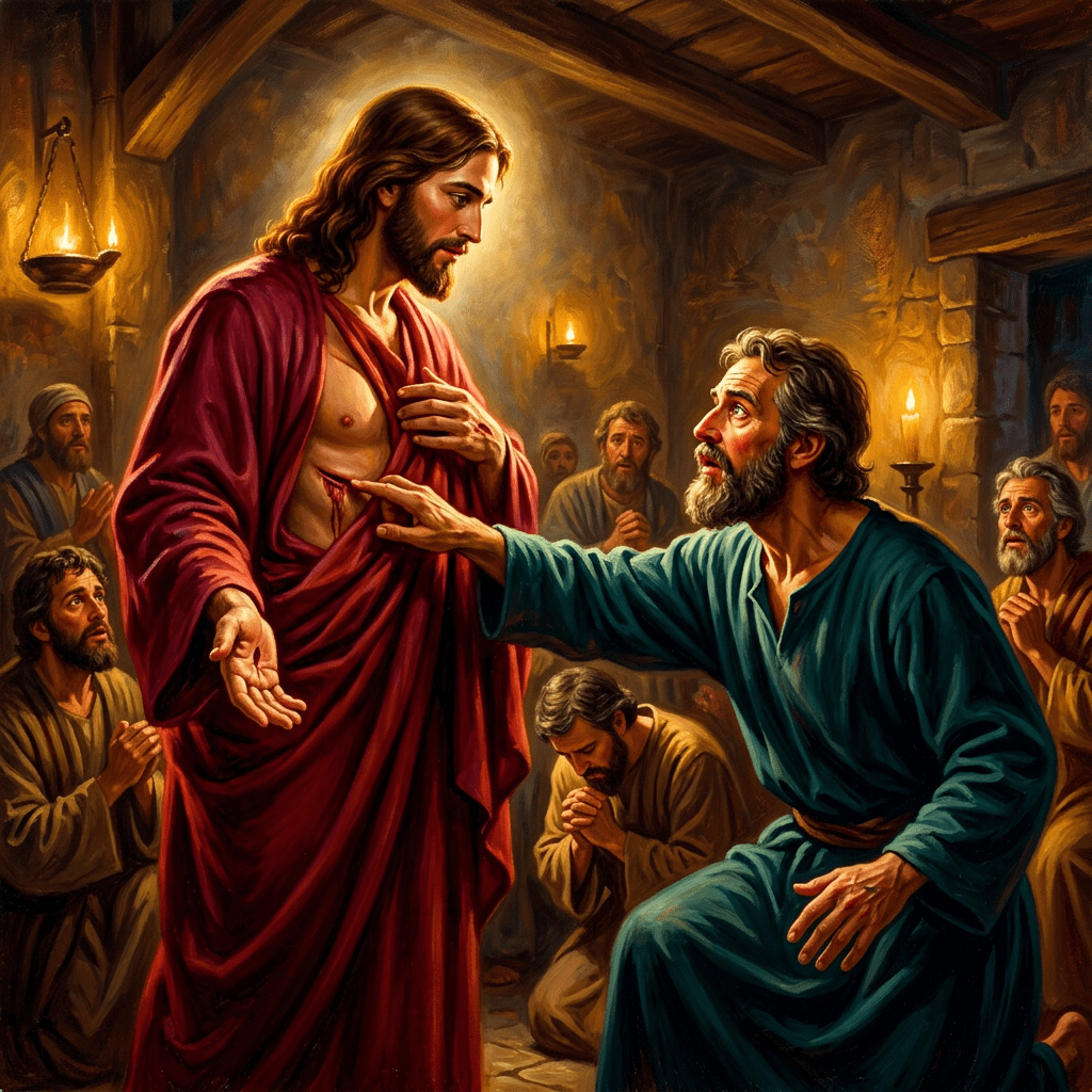 Man touching the wound on Jesus' chest surrounded by disciples in a dimly lit room