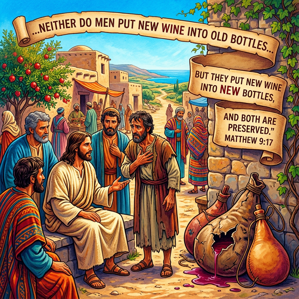 Jesus speaking to disciples with old and new wine bottles and biblical quote