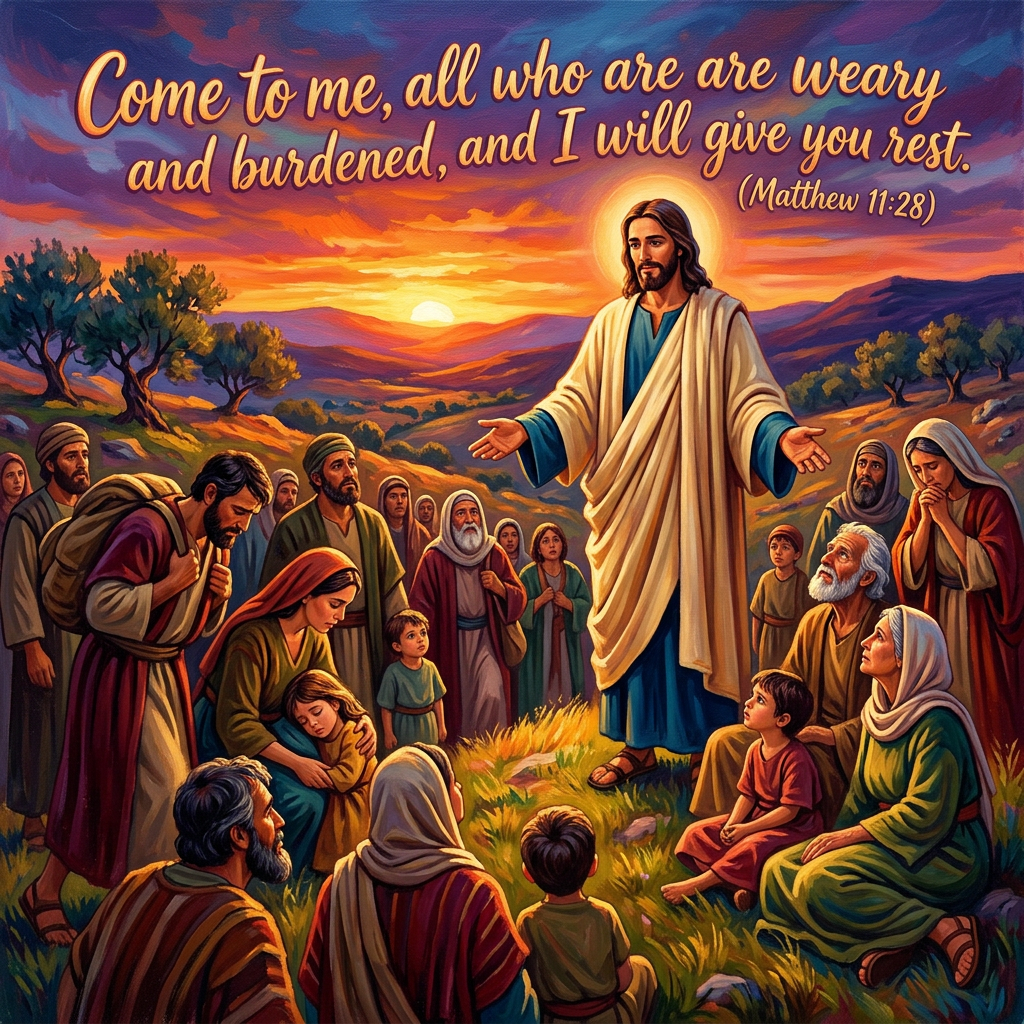 Jesus with outstretched arms addressing a group of people at sunset with Bible verse Matthew 11:28